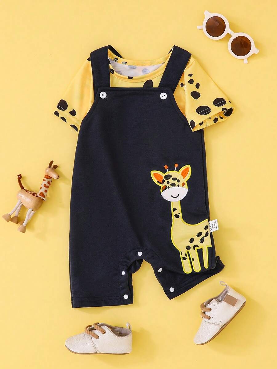 SHEIN 2pcs/Set Baby Boys Cute Cartoon Giraffe Embroidered Romper + Short Sleeve T-Shirt Set, Suitable For Outdoor Activities, Casual Wear, Birthday Photo Shoot, Spring/Summer