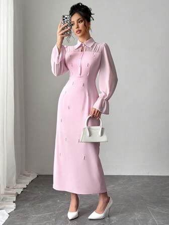 Rafferiza Chiffon Long Sleeve Elegant Bead Embellished Fitted Dress For Formal Occasion & Daily Wear
