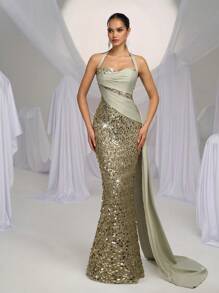 Glamrae Abito elegante, lussuoso e romantico, verde, con grandi paillettes, rifiniture in raso, vestibilità aderente, spacco sul retro, svasato sui lati, adatto per eventi di matrimonio, addio al nubilato, cene di gala, abito da cerimonia, abito da sera, abito da sera elegante - Verde - Visualizzare 1