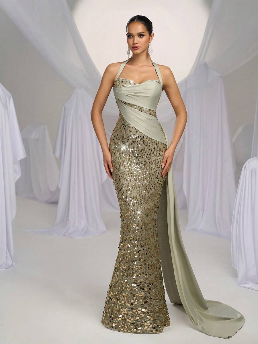 Glamrae Abito elegante, lussuoso e romantico, verde, con grandi paillettes, rifiniture in raso, vestibilità aderente, spacco sul retro, svasato sui lati, adatto per eventi di matrimonio, addio al nubilato, cene di gala, abito da cerimonia, abito da sera, abito da sera elegante - Verde - Visualizzare 1
