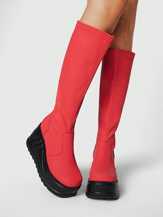 Grunge Punk Damen Elastische Kontrast-Farben Plateau Keilabsatz Punk Knöchel Stiefel, Rot & Schwarz Farbblock, geeignet für Lässig, Punk, Rock, Campus Tragen