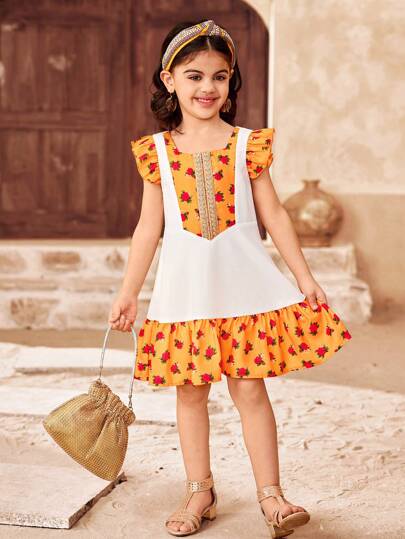 SHEIN 年轻女孩宽松休闲方领撞色花朵盖袖荷叶边连衣裙