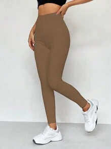 Flirla Leggings slim fit cu talie înaltă pentru femei, îmbrăcăminte ocazională de zi cu zi - Maro - Vizualizare 3