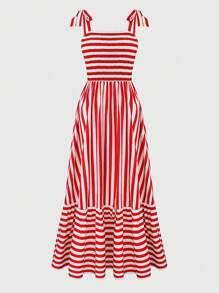 SHEIN Clasi 女士肩带胸前褶皱条纹连衣裙超长度假海滩装 - 紅色 - 查看 2