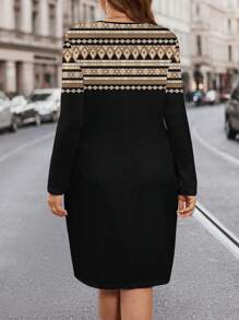 EMERY ROSE Plus Size Women's Floral Print Round Neck Loose Long Sleeve Dress With Pockets, Suitable For Autumn & Winter