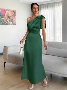 EURMUSE Chimpagne Color Tie Detail Satin Dress - Dark Green - View 6