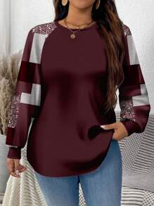 SHEIN LUNE Plus Size Marble Printed Crew Neck Pullover Sweatshirt With Arc Hem And Raglan Sleeves, Suitable For Autumn/Winter