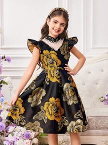 Tween Girl Floral Jacquard Ruffle Puff Sleeve Pearl Embellished Mini Stand Collar Dress - Multicolor - View 3