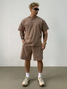 DAZY Tricou obișnuit maro solid, Set tricou de vară pentru bărbați