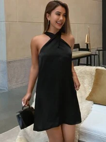 DAZY Women's Plain Halter Bodycon Casual Elegant Summer Mini Dress For Vacation Sundress - Black - View 8