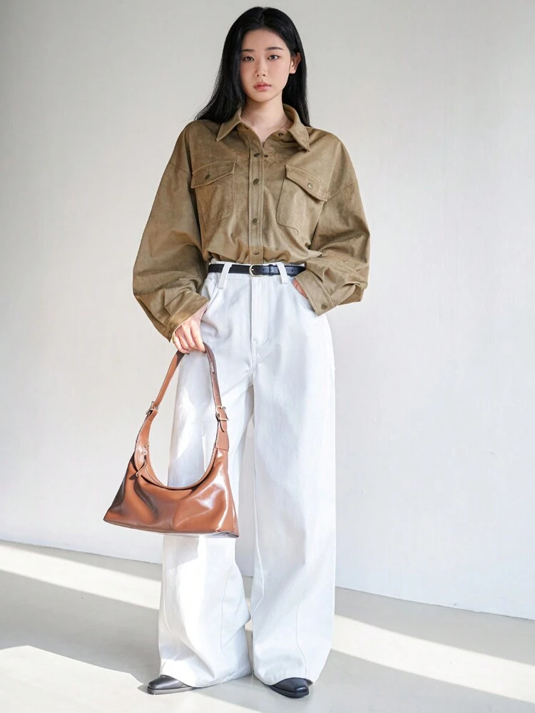 Women's Suede Loose Minimalist Big Pocket Casual Shirt,Fall Clothes Long Sleeve Top