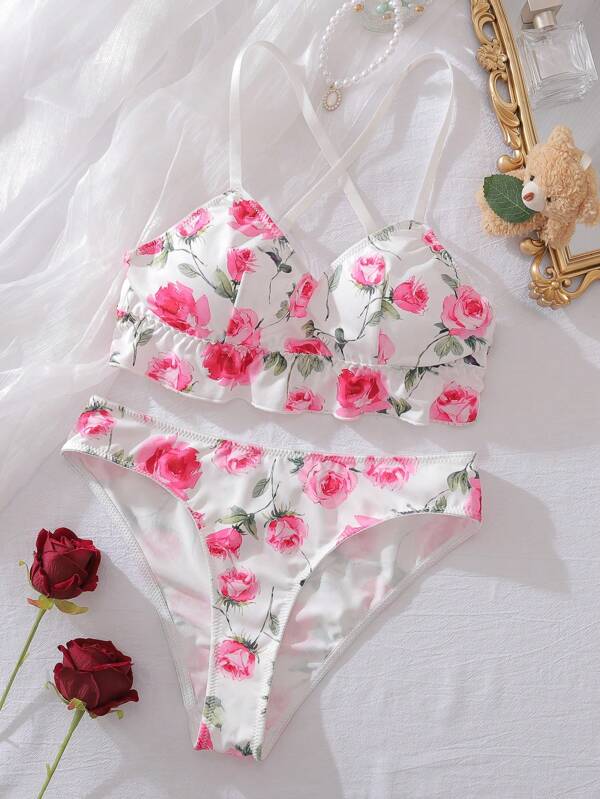 Conjunto de sujetador con volante con estampado floral para chicas adolescentes
