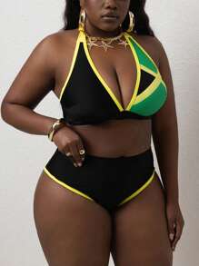 SHEIN Slayr CURVE Plus Size Women 2 Pieces Swimwear Set, Multi-Color Cross Strap Long Lace-Up Halter Top & Bottom, Elegant Casual Resort Wear Summer