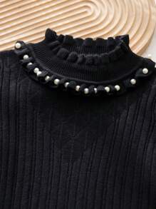 Young Girl Casual Ruffled Collar Pearl Decor Soft Sweater - Black - View 3