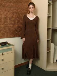 SHEIN MOD Women Casual Minimalist Waist-Cinched Flare Sleeve Dress, Autumn, For2-In-1 Knit Casual Bodycon Midi Dress For Women,White And Brown, Long Halter Neck Women's Dress,Flared Long Sleeves, Button Neckline, - Multicolor - View 2