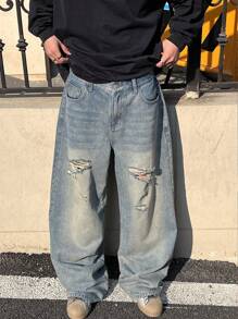 Manfinity ZONE917 男士深蓝色复古水洗宽松阔腿牛仔裤，StreetEZ