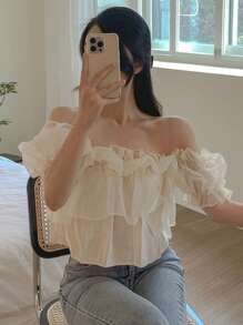 DAZY Blusa corta con hombros descubiertos y volantes en el dobladillo, color albaricoque, para primavera/verano - Albaricoque - Ver 8