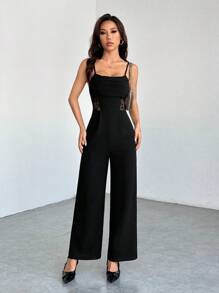 SHEIN PETITE 夏季垂坠领黑色连体裤、复古蕾丝镂空、阔腿连体裤、婚礼女士连体裤、秋冬连体裤、教师服装、老款连体裤、商务休闲连体裤、早午餐连体裤、外出连体裤、正式连体裤 - 黑色 - 查看 3