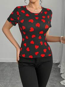 Chiquease Women's Round Neck Short Sleeve Heart Print Tie Back Shirt, Minimalist Style