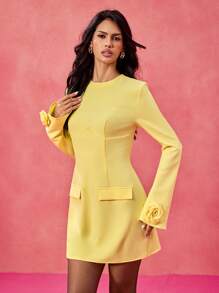 Yelly Gray Designer Pastellgelbes Langarm Slim Fit Mini Kleid mit Rosenblüte, elegantes Frühjahr Sommer Buttergelb Kleid, Festival Outfits, Hochzeit Abschlussball Kleid - Gelb - Übersicht 5