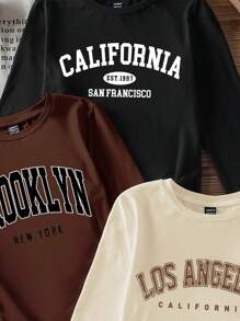 SHEIN EZwear 3pcs/Set Women English Graphic Crew Neck Tight Fit Long Sleeve T-Shirt Set, Casual Spring & Autumn Back To School - Multicolor - View 5