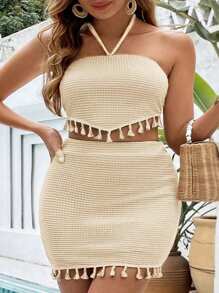 SHEIN VCAY Plus Size Boho Solid Color Halter Backless Tassel Hem Blouse And Mini Skirt 2 Pieces Set, For Summer,Holiday Outfits Boho - Apricot - View 3