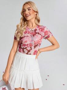 SHEIN LUNE Dames roze bloemenprint mesh nauwsluitend T-shirt met korte mouwen, Valentijnsdag, zomer