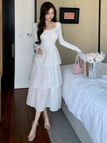 DAZY Lace Jacquard Flared Midi Dress For Women, Slim Fit,Ruffle,Fall Dress Long Sleeve Dress - White - View 9