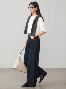 Dazy-Less سراويل جينز نسائية ذات لون أحادي وساق مستقيمة، بطراز القديم المال، أناقة كاجوال للعمل - أزرق داكن - مشاهدة 2