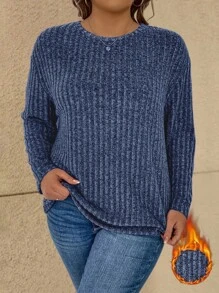 Vionelle Plus Size Plain Long Sleeve T-Shirt, Minimalist Fashion Casual For Everyday Wear Fall Cloth For Women - Navy Blue - View 3