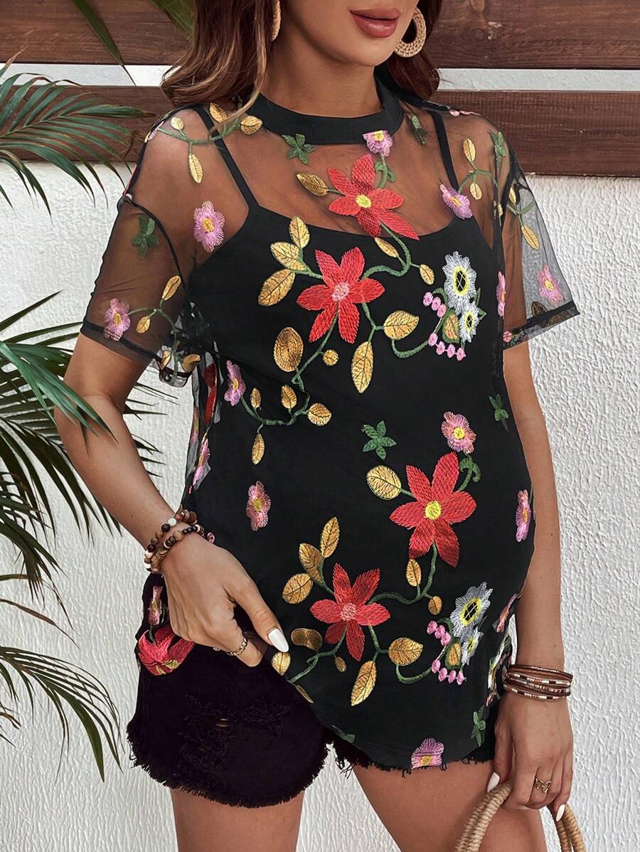 SHEIN Camiseta de Tela para Gestantes, Manga Curta, Casual e Estilosa para Uso Diário - Multicolorido - Visão 1