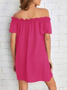 SHEIN Essnce Women's Off Shoulder Plain Short Sleeve Dress, Simple And Fashionable For Casual Daily Wear - Hot Pink - View 4