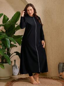 Swim Mulvari 2 件大码女式纯色分体式泳衣套装：条纹点缀长款分体式上衣和纯色高腰下装 - 黑色 - 查看 5