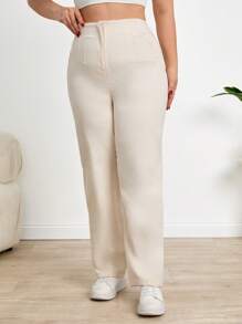 SHEIN Cottnline Women's Plus Linen Cotton Pleated Pants - Beige - View 4