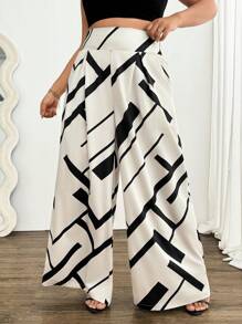 Elenzga Plus Size Women's Geometric Digital Print Loose Elegant Wide Leg Pants