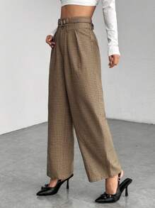 SHEIN PETITE Pasek dwuwarstwowy w kratę, szerokie nogawki, spodnie w stylu retro old money - Brązowy - Zobacz 5