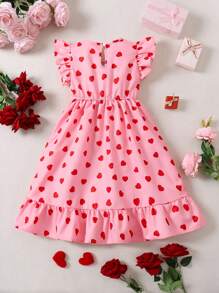 SHEIN Vestido midi con estampado de corazones en rojo y rosa lindo, con mangas con volantes y decoración de lazo grande para niñas, ideal para el Día de San Valentín