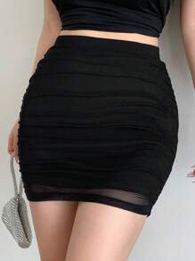 DAZY Sexy Date Outfit Mesh Patchwork Bodycon Black Skirt For Women Prom Skirt,Pencil Skirt