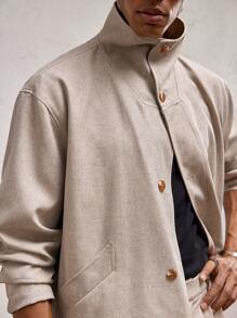 AKNOTIC Business Casual Áo khoác cardigan dài tay cổ đứng dáng rộng cho nam, trang phục thường ngày cho mùa thu và đông - Màu be - Xem 3