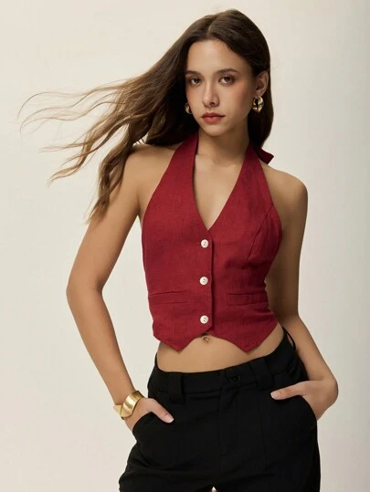 Poéselle 女士勃艮第红吊带背心 西装背心 露背 不对称下摆 纽扣门襟 纯色 吊带领 休闲 日常上衣 情人节 情人节服装 海滩女士服装 波西米亚风亚麻背心 夏季女装 女士背心 夏季女装上衣 红色上衣 夏季女装 波西米亚风上衣 商务女装 红色女装上衣 西部服饰 女士节日 波西米亚风 嬉皮士 复古波西米亚风