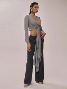 MUSERA Áo dài tay bằng chiffon cổ chữ V xẻ sâu, rủ mềm mại, thích hợp cho kỳ nghỉ lãng mạn mùa xuân hè, thu và các dịp lễ. - Màu xám đen - Xem 2