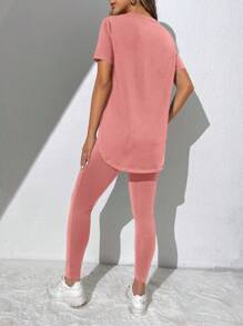 SHEIN Essnce 2pcs/Set Women Solid Color Round Neck Short Sleeve Simple Top And Long Pants Outfit - Dusty Pink - View 2