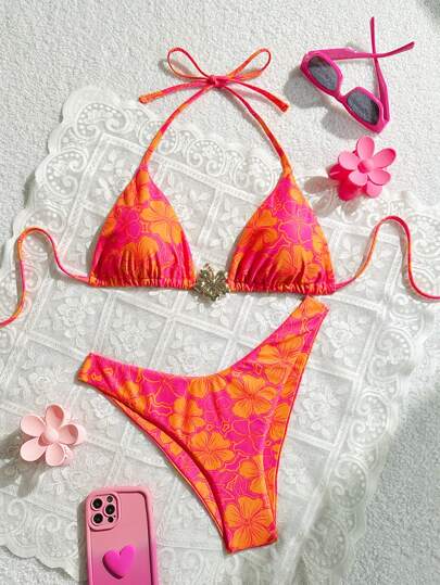 Swim Mod 2 Pieces Set, Spring Break Floral Print Halter Neck Triangle Top And High Cut Bottoms, Sexy Boho Bikini Set For Summer Vacation