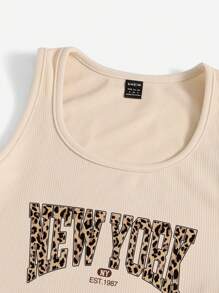 SHEIN EZwear 2 件套女士休闲复古豹纹“纽约”字母图案修身背心和抽绳短裤套装 - 卡其色 - 查看 3