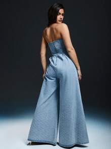 Denimoi Rhinestone Detail Wide Leg Denim Jumpsuit - Light Wash - View 3