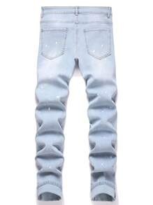 Manfinity LEGND Men's Button Pocket Distressed Embroidery Casual Denim Jeans - Light Wash - View 2