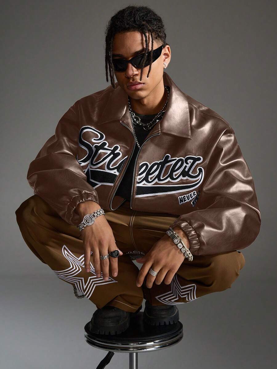 Manfinity VCAY Men's Autumn/Winter Fashion Letter Embroidery Jacket - Brown - View 1