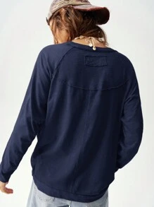 Bohemela Maglietta lunga da donna ampia, manica a raglan, collo a giro, maniche lunghe, in maglia tinta unita per vacanza - Blu - Visualizzare 2