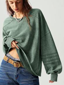Bohemela Áo nỉ dài tay dáng rộng cổ chữ V màu trơn thoải mái cho nữ mùa thu/đông - màu xanh lá - Xem 2