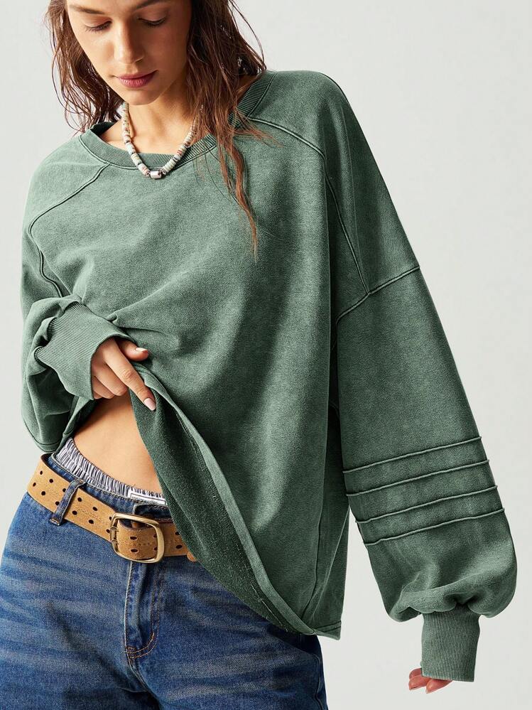 Bohemela Sudadera holgada de mujer de unicolor con cuello en V, hombros caídos y manga larga para vacaciones casuales en otoño/invierno - Verde - Añade 2